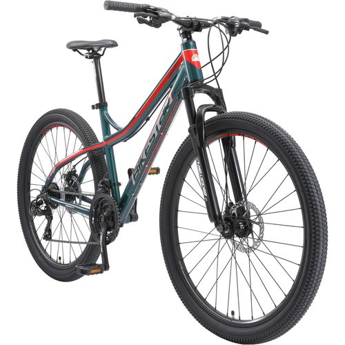BIKESTAR Hardtail Aluminium Mountainbike 27.5 Zoll, 21 Gang Shimano Schaltung mit Scheibenbremse | 17 Zoll Rahmen MTB Erwachsenen- und Jugendfahrrad | Grün & Rot