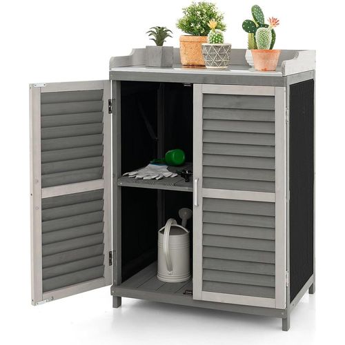COSTWAY Gartenschrank Holz, Lagerschrank Garten, Holzschrank mit Metall-Platte & 2 Lagerregalen & aufrollbaren Türen, Geräteschrank Gerätehaus Geräteschuppen, Schuppen Schrank Terrasse Hinterhof, Grau