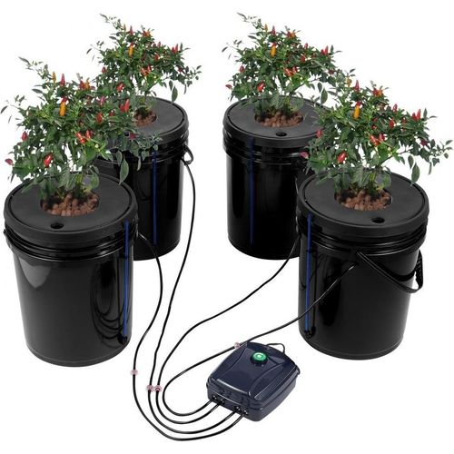 DWC Hydrokultur-Anbausystem 20L - Tiefwasserkultur - 4x Eimer mit Luftpumpe - Hydroponisches System für Pflanzenzucht