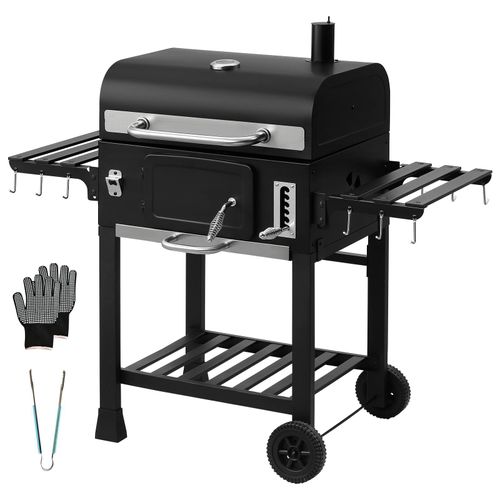 TEENO Grillwagen, Holzkohlegrill Edelstahl mit Deckel, XXL, Grill mit Deckel, Thermometer, Hitzeschutzhandschuhen, Kamin und Flaschenöffner
