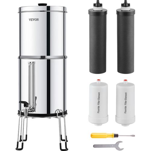 VEVOR Schwerkraft Wasserfiltersystem Edelstahl Arbeitsplattensystem 7+7,5L Wasserfiltrationssystem, reduziert Blei und bis zu 99 % Chlor, mit 2 Aktivkohlefiltern & 2 Entfluorierungsfiltern & Zapfhahn