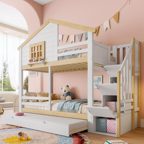 Etagenbett im Hausstil 90×200 cm, mit Ausziehbett, Gitter & Fenster, Weiß