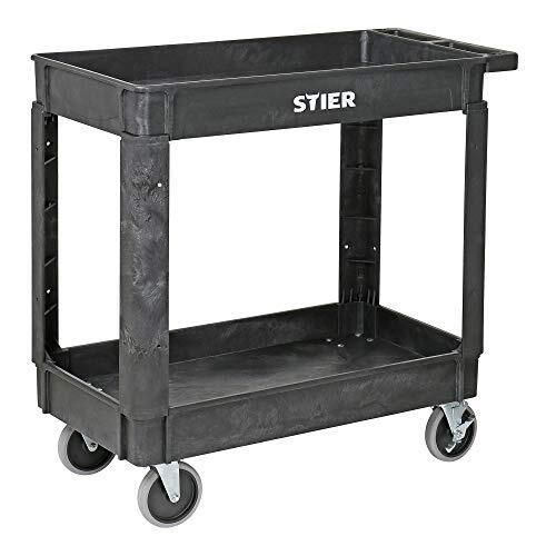 STIER Kunststoff-Vielzweckwagen mit 2 Etagen und 4 lenkbaren Rollen, 250 kg Tragkraft, Maße: 870 x 430 x 850 mm, Montagewagen, Werkzeugwagen, Farbe grau