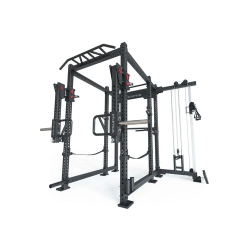 ATLETICA R8-Sentinel Power Rack Plate Loaded mit Jammer Arms, J-Hooks, Safety Straps, Dip-Station, Logo Plate, 2 Pull-Up Bars, Landmine & Bar Holder