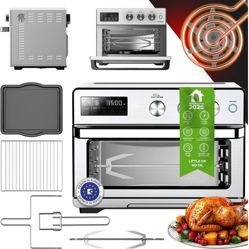 TurboTronic digitaler Heißluftofen - XXL 32 Liter mit Drehspieß für Hähnchen 5 in1 Mini Backofen, Dörrer & Power Heißluftfritteuse Airfryer ab 25°C