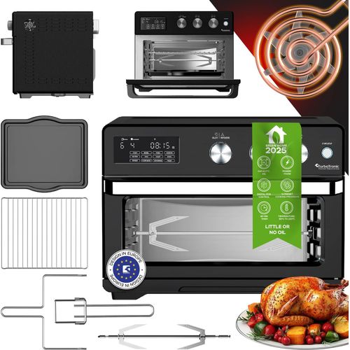TurboTronic digitaler Heißluftofen - XXL 32 Liter mit Drehspieß für Hähnchen 5 in1 Mini Backofen, Dörrer & Power Heißluftfritteuse Airfryer ab 25°C
