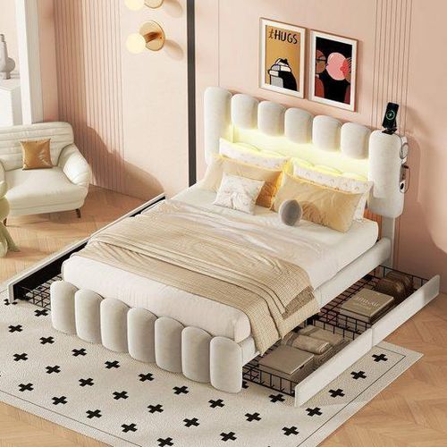 Odikalo Polsterbett 140 x 200 , bett mit 4 Schubladen, Doppelbett mit LED-Lichtleiste mit USB und Stereoanlage, Beige