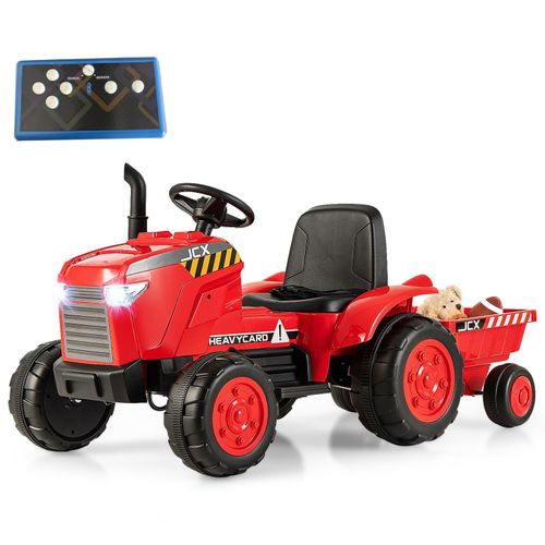 COSTWAY 12V Traktor mit Abnehmbarem Anhänger, Kindertraktor Elektrisch mit 2,4G Fernbedienung & Lichtern (Rot)