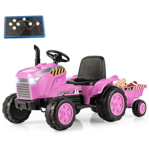 COSTWAY 12V Traktor mit Abnehmbarem Anhänger, Kindertraktor Elektrisch mit 2,4G Fernbedienung & Lichtern (Rosa)