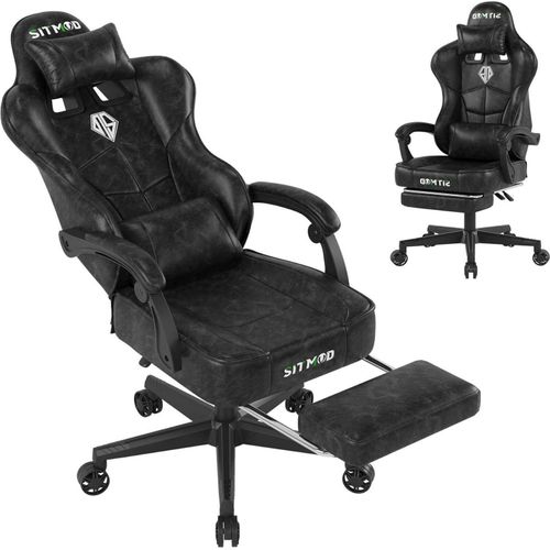 Ergonomischer Gaming Stuhl mit Fußstütze und Kopfstütze - Schwarz