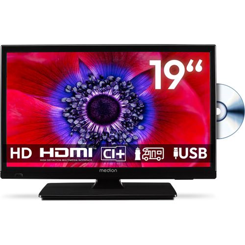 MEDION 47 cm (19 Zoll) HD Fernseher mit DVD-Player (perfekt für Camping Wohnmobil LKW Garten, 12V KFZ Car-Adapter, Triple Tuner Receiver, HDMI, USB, MD 819001)
