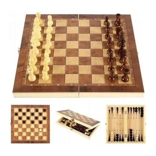 Holz Schach Classic Dame Backgammon 3in1 XXL Groß 35x35 cm