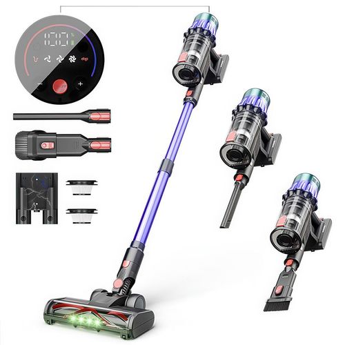 Handstaubsauger, Akku Staubsauger 550W/35KPa/60Min, Staubsauger Kabellos mit HD-Display, 1,2L-Staubbehälter, Akkustaubsauger grünem LED-Licht Bürste