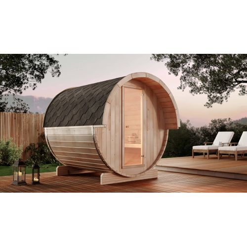 FinnTherm Fasssauna Saunafass Außensauna Samantha 2 Sitzbänke aus Holz Wandstärke 42 mm