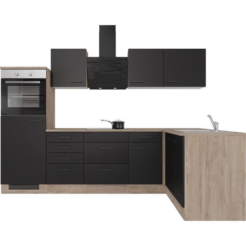 Winkelküche mit E-Geräten & Geschirrspüler - 280 cm breit - Schwarz matt Endgrain Oak – Capri