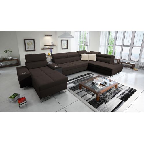 Wohnzimmer Couch Wohnlandschaft in U-Form MOREN V Big Sofa Ecksofa Ottomane Links Eckcouch mit Schlaffunktion Braun Stoff SAWANA 26