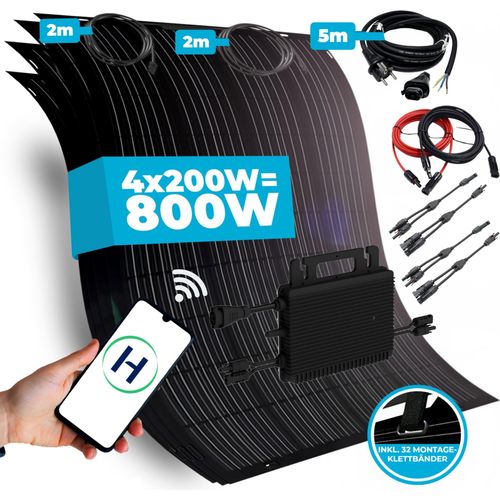 Balkonkraftwerk 800W flexibles Solarmodul - rückseitige Anschlussbox - 4x hochflex Full-Black Solarpanel Solaranlage Photovoltaik Wechselrichter