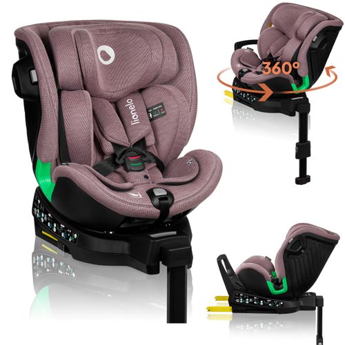 Lionelo Kindersitze Harmony i-Size, 360° EasyTurn Basis, ISOFIX und Stützfuß, BuckleAlarm, Side Impact Guard, Verstellbare Kopfstütze und Rückenlehne - Rose