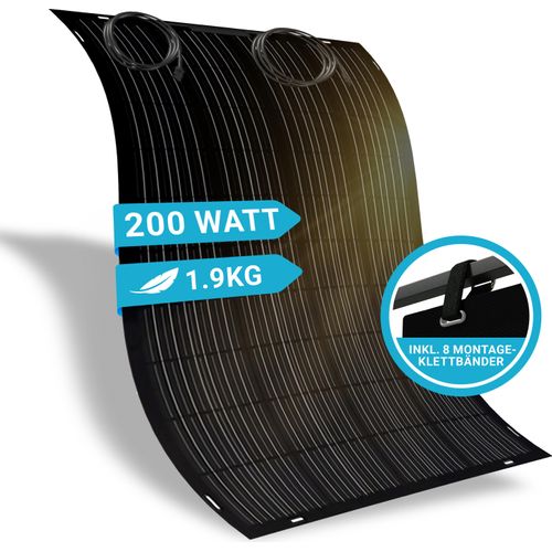2x flexibles Solarpanel 200 W Full-Black mit Befestigung DB200FLEX – Anschlussbox, begehbar, 19,5% Wirkungsgrad, für Balkon, Camping, Boot