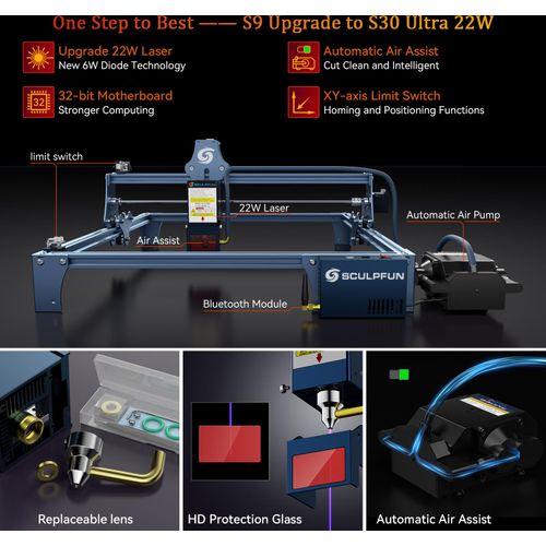Original SCULPFUN 22W Lasermodul-Kit mit 32-Bit-Motherboard Hochgeschwindigkeits-Luftunterstützungspumpe und XY-Endschalter Direktverwendung für S9