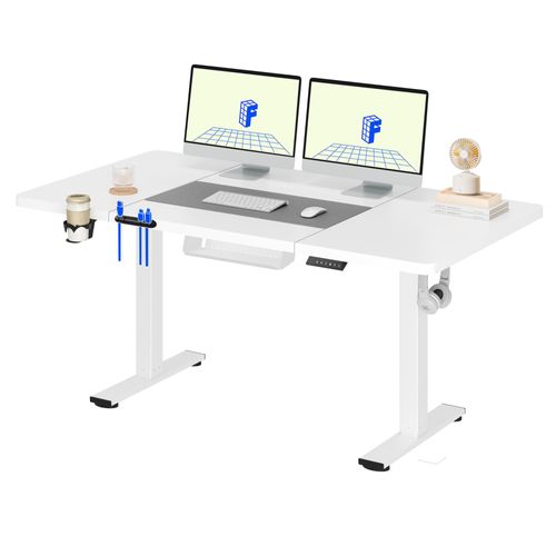 FLEXISPOT Höhenverstellbarer Schreibtisch 140x60cm elektrisch, 4 Memory-Funktion, Antikollisionsschutz, 70kg Tragkraft, Haken, Kabelmanagement (Weiß)