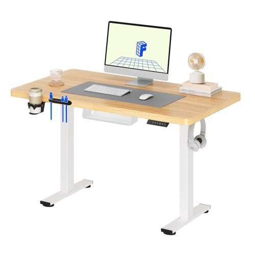 FLEXISPOT Höhenverstellbarer Schreibtisch 110x54cm elektrisch, 4 Memory-Funktion, Antikollisionsschutz, 70kg Tragkraft, Haken, Kabelmanagement (Ahorn)