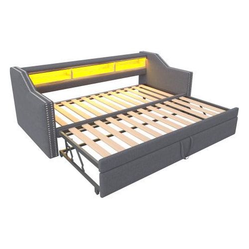 Schlafsofa 90/180x190cm Ohne Matratze Dunkelgrau Leinen Mit LED USB Staufach Lattenrost Ausziehbar