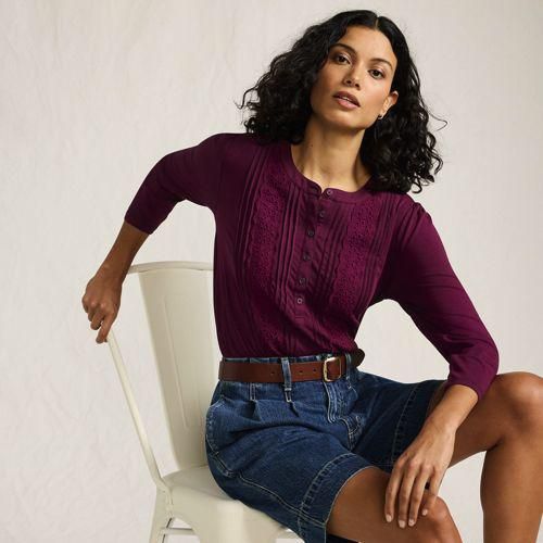 Shirt aus Baumwoll/Modalmix mit Lochstickerei mit 3/4-Ärmeln, Damen,  Lila, Baumwolle Modal, by Lands' End