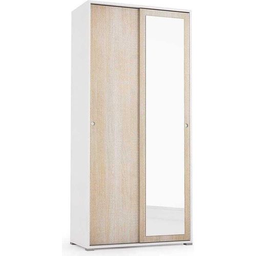 Weißer und eichenfarbener Mehrzweck-Schiebeschrank mit Spiegeltür und Kleiderstange