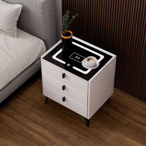 Nachttisch mit kabellosem Handyaufladen, LED-Licht und 3 Schubladen in Schwarz und