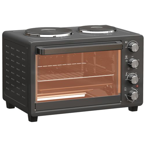 FORSMANO 28L Mini Backofen mit 2 Kochplatten, 2600W Oven mit Timer und Temperaturregelung, inkl. Backblech Grillrost Krümelblech Schwarz