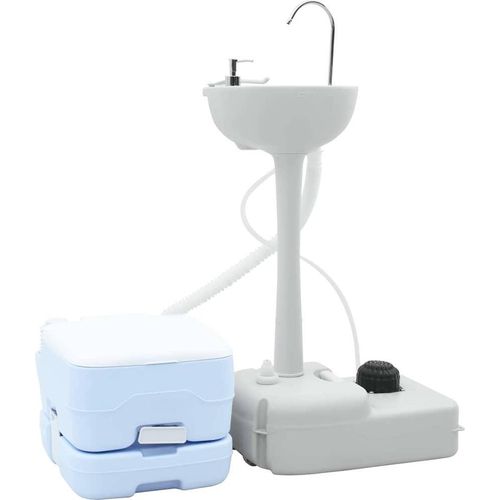 Tragbare Campingtoilette und Handwaschstand-Set in Blau und Weiß.