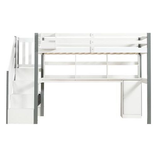 Halbhohes Bett 90x200cm Weiss Ohne Matratze Stoff-Aufbewahrungsbox Jugendbett Schreibtisch Schliessfaechern Grau MDF Seitlicher RegalKinderbett Hochbeet