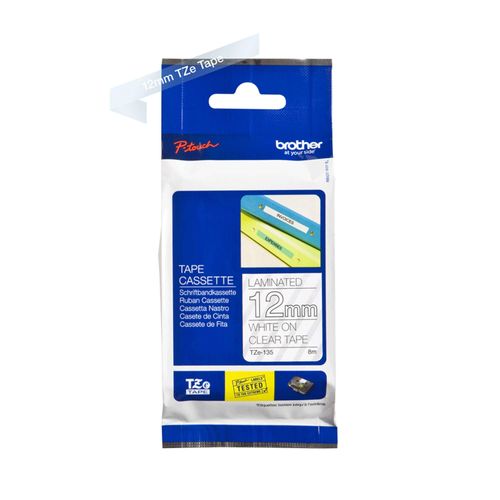 Original Brother P-Touch E 110 (TZE-135) Schriftband 12mm/8m Weiss auf Transparent