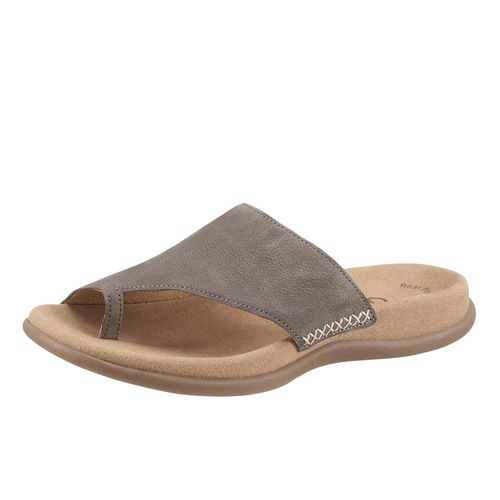 Zehentrenner GABOR, Damen, Gr. 45 (10), grau (taupe), Nubukleder, Schuhe, Keilabsatz, Sommerschuh, Dianette mit kontrastfarbiger Stickerei