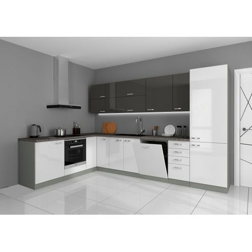 Küche Bianca Ecke V 210x330 Küchenzeile Hochglanz Weiss + Grau Küchenblock Grey