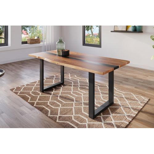 Refurbished Möbelretoure Esstisch 160x85 cm Akazie natur & Epoxidharz-Ader in Schwarz U-Gestell Epoxy