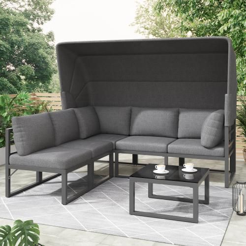 Gartenlounge-Set Grau Gartenmoebel-Set Bequemen Kissen 2-Sitzer-Sofa 2 Sessel Couchtisch Geflochtenes PE-Seil Wassergrasimitat Schwarze
