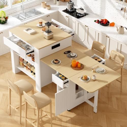 Bartisch 110-124x78x97.5cm Weiss Ausziehbarer 2 Schubladen 2 Seitlichen Tischplatte MDF Ausziehbare Kuecheninsel Esstisch Kochtisch Lagerschrank