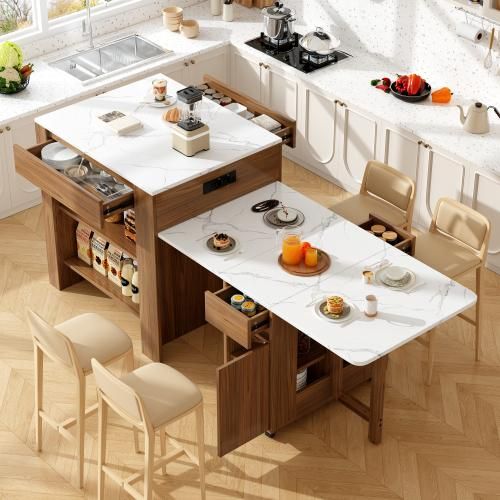 Bartisch 110-124x78x97.5cm Braun Ausziehbarer 2 Schubladen 2 Seitlichen Tischplatte MDF Ausziehbare Kuecheninsel Esstisch Kochtisch Lagerschrank