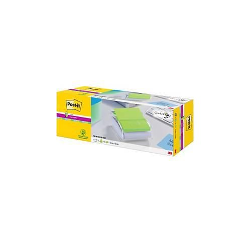 Post-it&reg; Haftnotizenspender PRO-W12N, wei&szlig;-transparent + Haftnotizen Super Sticky Z-Notes, B 76 x T 76 mm, farbig, PEFC&reg;-Papier, 12 Bl&ouml;cke, 90 Blatt/Block
