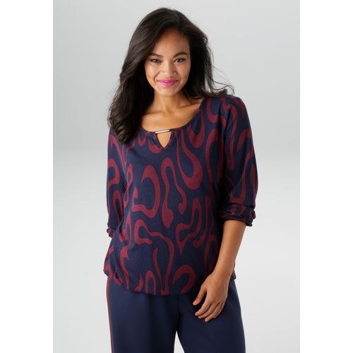 Langarmshirt ANISTON PLUS, Damen, Gr. 52, rot (marine, bordeaux), Single Jersey, Obermaterial: 95% Viskose, 5% Elasthan, figurumspielend Po-bedeckend, Rundhals, elastischer Bund mit Gummizug, Shirts, mit großflächigem, grafischen Druck, Topseller