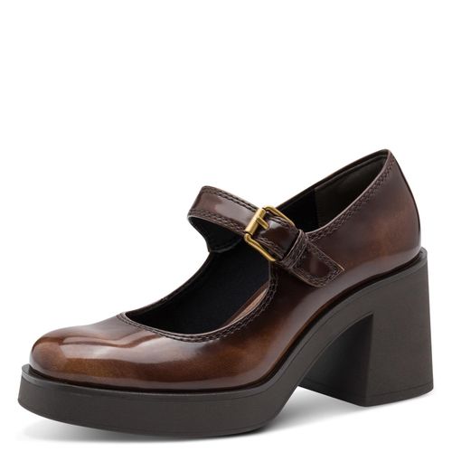 Spangenpumps TAMARIS, Damen, Gr. 37, braun, Lacklederimitat, glänzend, used, modisch, Schuhe, Blockabsatz, Partyschuh, Pumps in veganer Verarbeitung
