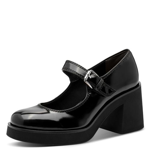 Spangenpumps TAMARIS, Damen, Gr. 39, schwarz, Lacklederimitat, glänzend, unifarben, Schuhe, Blockabsatz, Partyschuh, Pumps in veganer Verarbeitung
