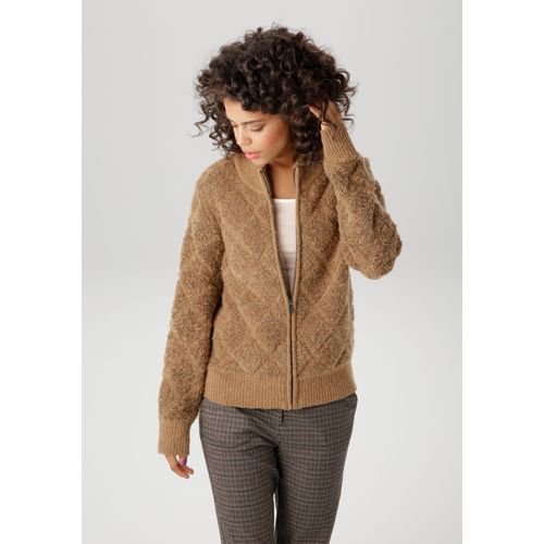 Strickjacke ANISTON CASUAL, Damen, Gr. 42, beige (dunkelbeige, meliert), Strick, Obermaterial: 67% Polyacryl, 30% Polyamid, 3% Elasthan, Rautenmuster, meliert, lässig geschnitten hüftlang, Rundhals, Rippstrickbündchen, Strickjacken, mit dezentem Rauten-Muster im 3D-Effekt - NEUE KOLLEKTION, Topseller