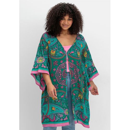 Blusenkimono SHEEGO BY JOE BROWNS, Damen, Gr. 56/58, blau (petrol, gemustert), 100% Viskose, gemustert, 3/4-Ärmel, Blusen