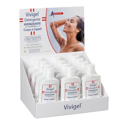 Vivigel, Thekendisplay inklusive 12 St. des desinfizierenden Mittels zur Körper- und Haarpflege à 200 ml.