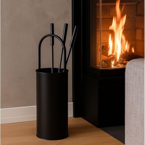 4x Kaminbesteck Set schwarz Kaminzubehör Kaminwerkzeug Kamingarnitur Reinigungsset Ofenbesteck Feuerstellenbesteck Kaminholzbesteck Haken Schaufel Besen modern