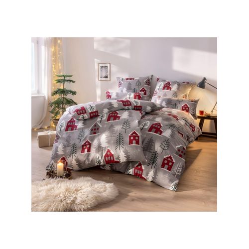 Bettwäsche WÄSCHEPUR Gr. 3, grau, dunkelrot, bedruckt, B/L: 155cm x 220cm, 2-teilige Garnitur St., 2-teilige Garnitur St., Renforcé, B/L: 80cm x 80cm, Renforcu00e9, 100% Baumwolle, Bettwäsche