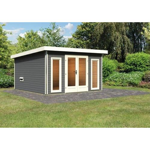 Saunahaus Karibu Sainburga 3 Set B ohne Ofen mit Vorraum, Fenster und Holztüre mit Klarglas terragrau/weiß